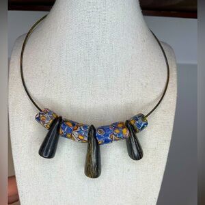 Blue and Black Trade Beads Necklace with Horn Accents - Collar